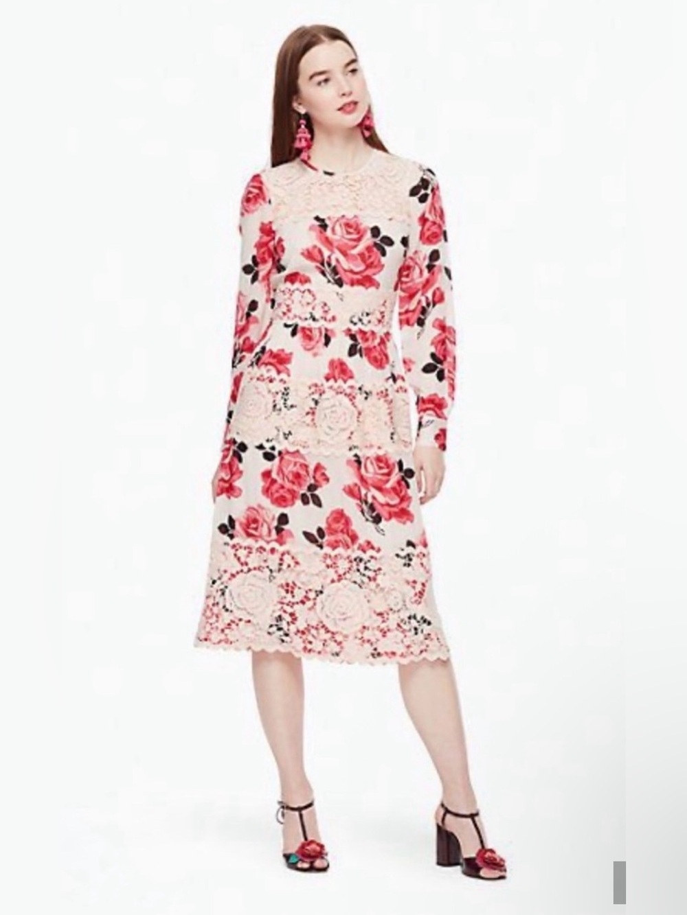 Kate Spade New York Rambling Roses Rosa Sz 10 Floral Lace Long Sleeve Midi Dress